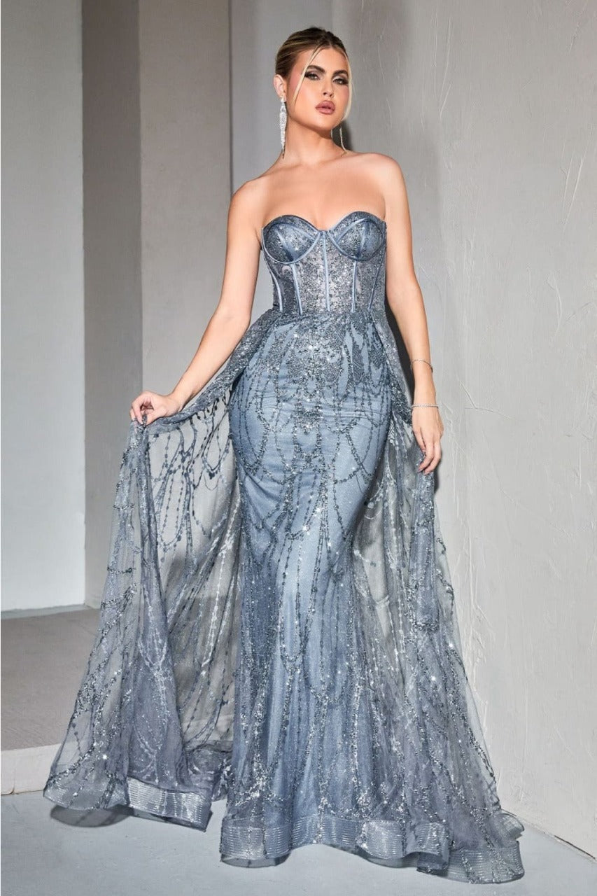 Ladivine CB095 Sweetheart Glitter Corset Fit Overskirt Evening Gown - SMOKY BLUE / 2 Dress