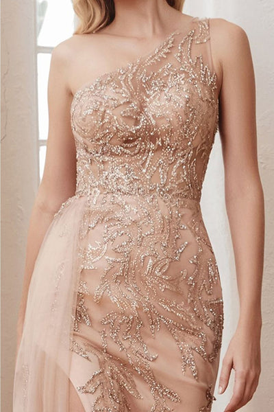 Ladivine CB098 Glitter One Shoulder Floral Print Long Evening Gown - Dress