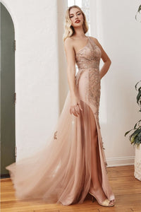 Ladivine CB098 Glitter One Shoulder Floral Print Long Evening Gown - Dress