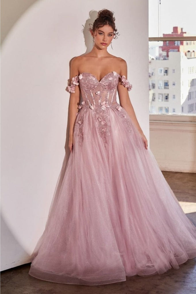 Ladivine CB104 Glitter Floral Applique Corset Layered Tulle Ball Gown - MAUVE / 2 Dress