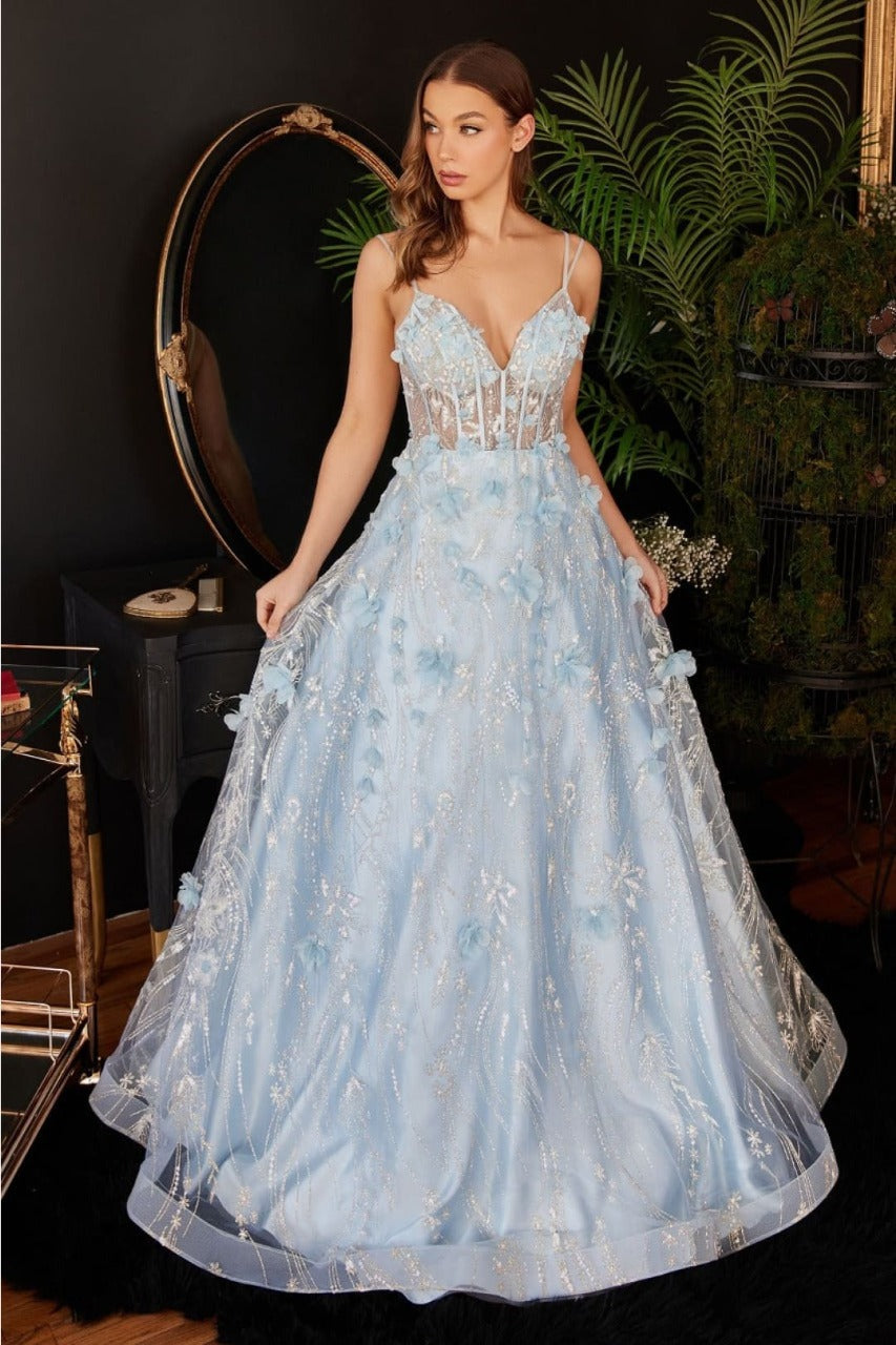 Ladivine CB105 Sexy Floral Applique Corset Fit Layered Tulle Evening Gown - BLUE / 2 Dress