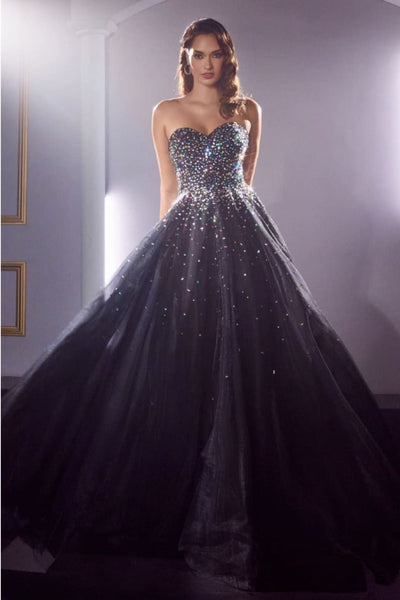 Ladivine CB114 Strapless Bejeweled Embellished Layered Tulle Ball Gown - BLACK / 4 Dress