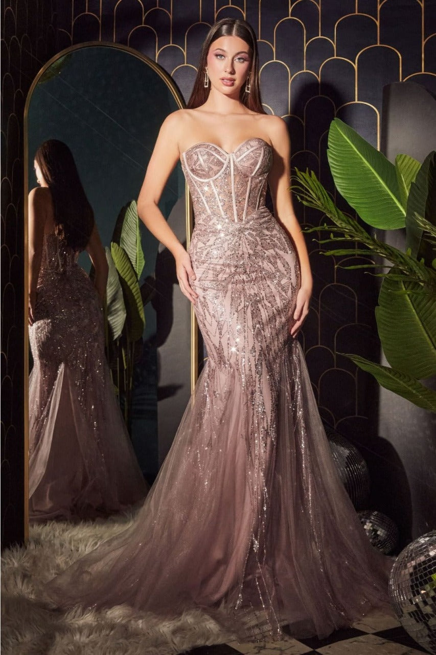 Ladivine CB116 Glitter Corset Bodice Mermaid Layered Sexy Prom Gown - DUSTY ROSE / 6 Dress