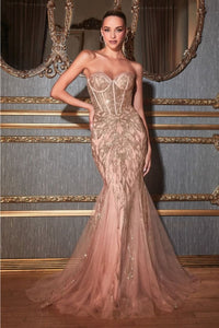 Ladivine CB116 Glitter Corset Bodice Mermaid Layered Sexy Prom Gown - ROSE GOLD / 4 Dress