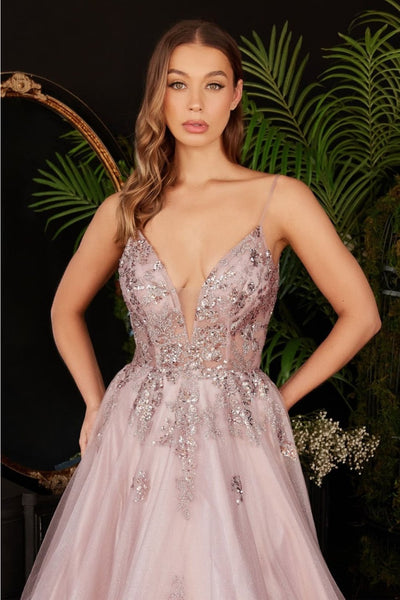 Ladivine CB117 Sexy Plunging Neck Glitter Lace Applique A-Line Gown - Dress