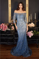 Ladivine CB118 Off Shoulder Diamond Embellished Blue Formal Gown - Dress