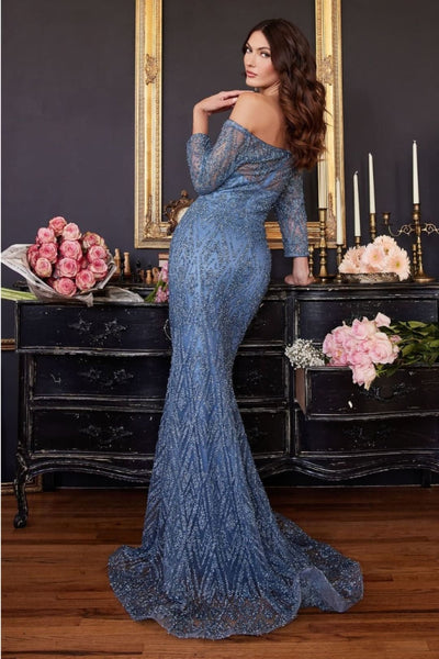 Ladivine CB118 Off Shoulder Diamond Embellished Blue Formal Gown - Dress