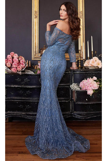 Ladivine CB118 - Quarter Sleeve Embellished Evening Gown - Prom