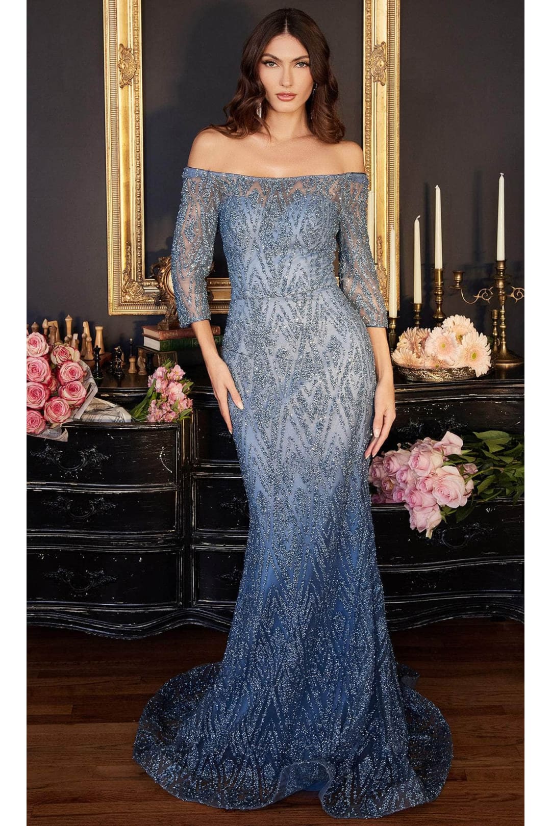 Ladivine CB118 - Quarter Sleeve Embellished Evening Gown - Prom