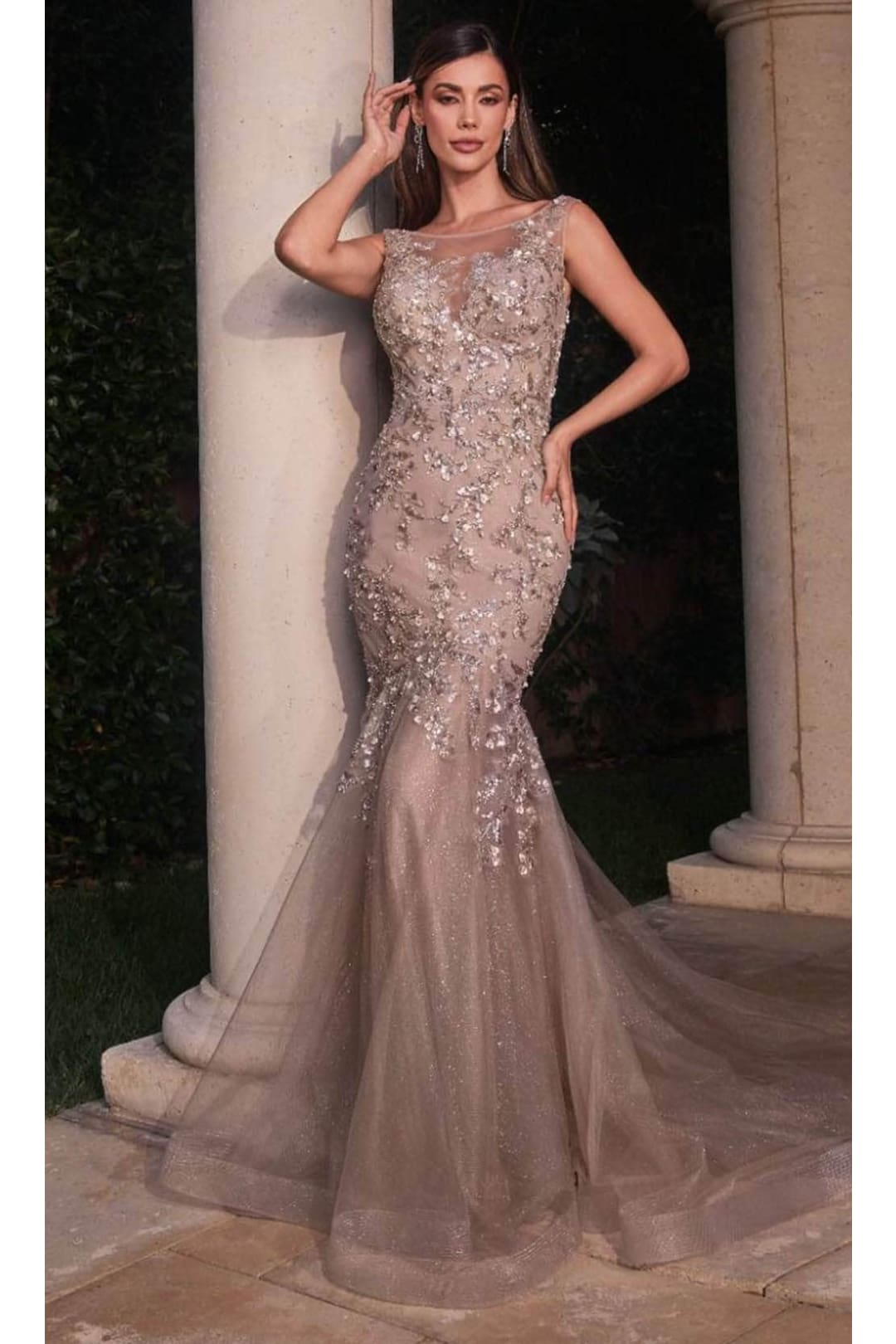 Ladivine CB128 - Illusion Floral Applique Sheath Gown - Prom