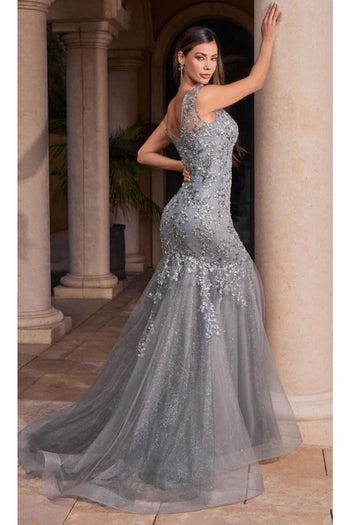 Ladivine CB128 - Illusion Floral Applique Sheath Gown - Prom