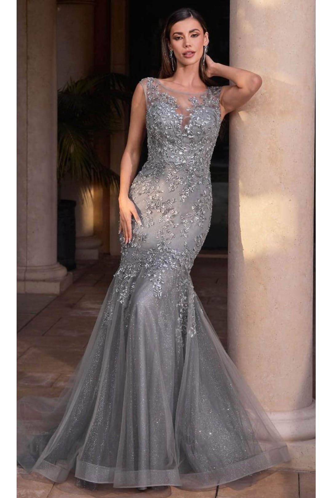 Ladivine CB128 - Illusion Floral Applique Sheath Gown - Prom