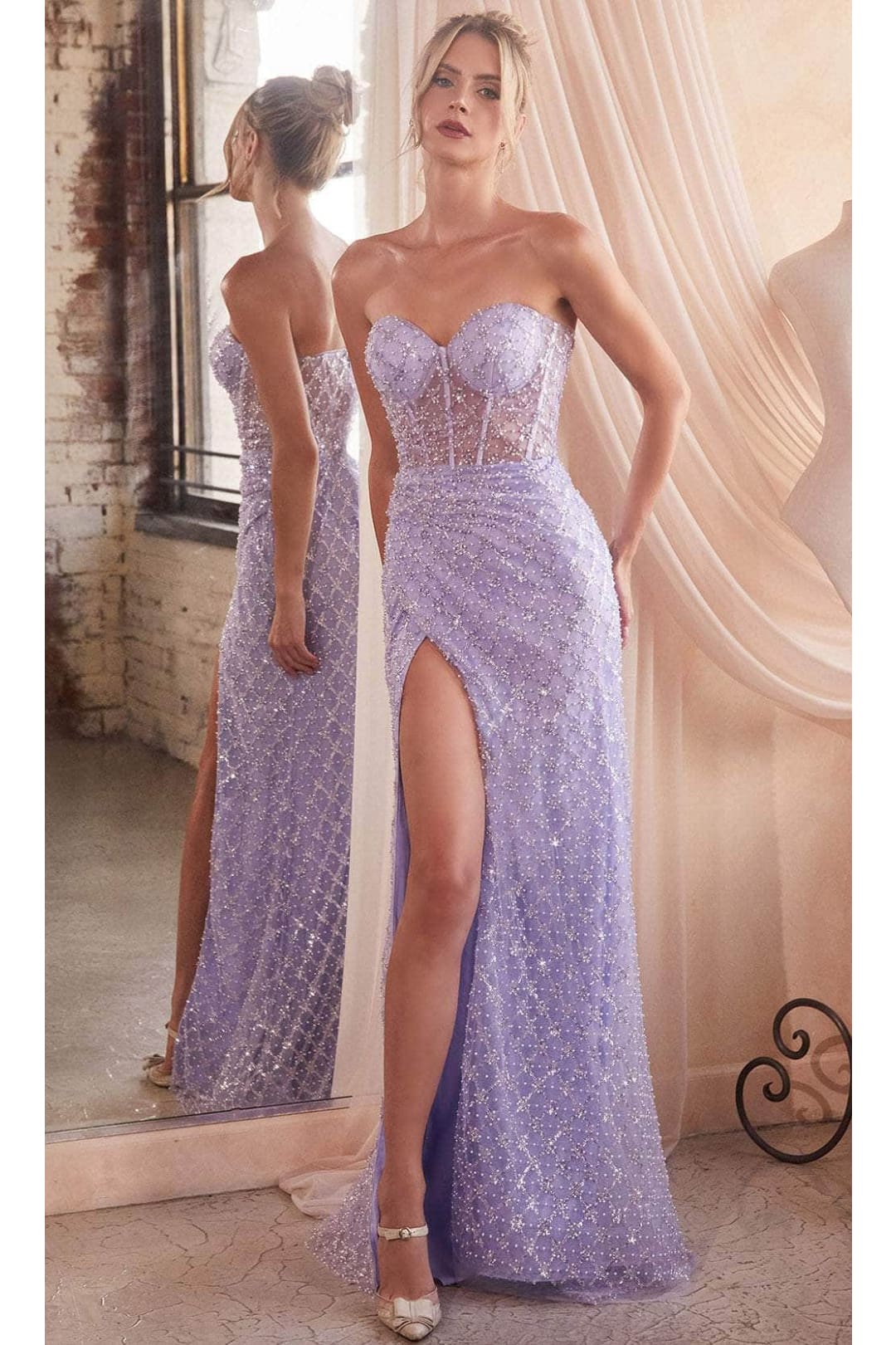 Ladivine CB136 - Pearl Beaded Illusion Dress - Lavender / 2 - Prom