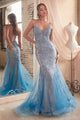 Ladivine CC2253 Plunging Godet Mermaid Evening Gown - Ocean Blue / 6 - Prom