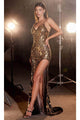 Ladivine CC2292 - Deep V-Neck Illusion Prom Gown - Black-Gold / 6 - Prom