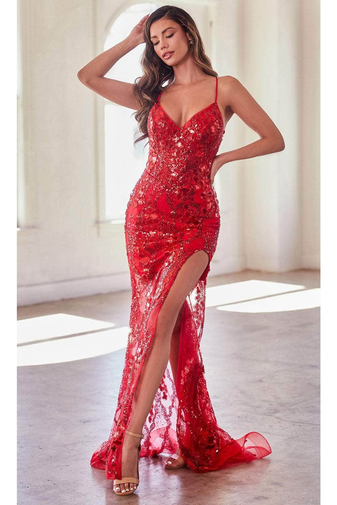 Ladivine CC2292 - Deep V-Neck Illusion Prom Gown - Red / 10 - Prom