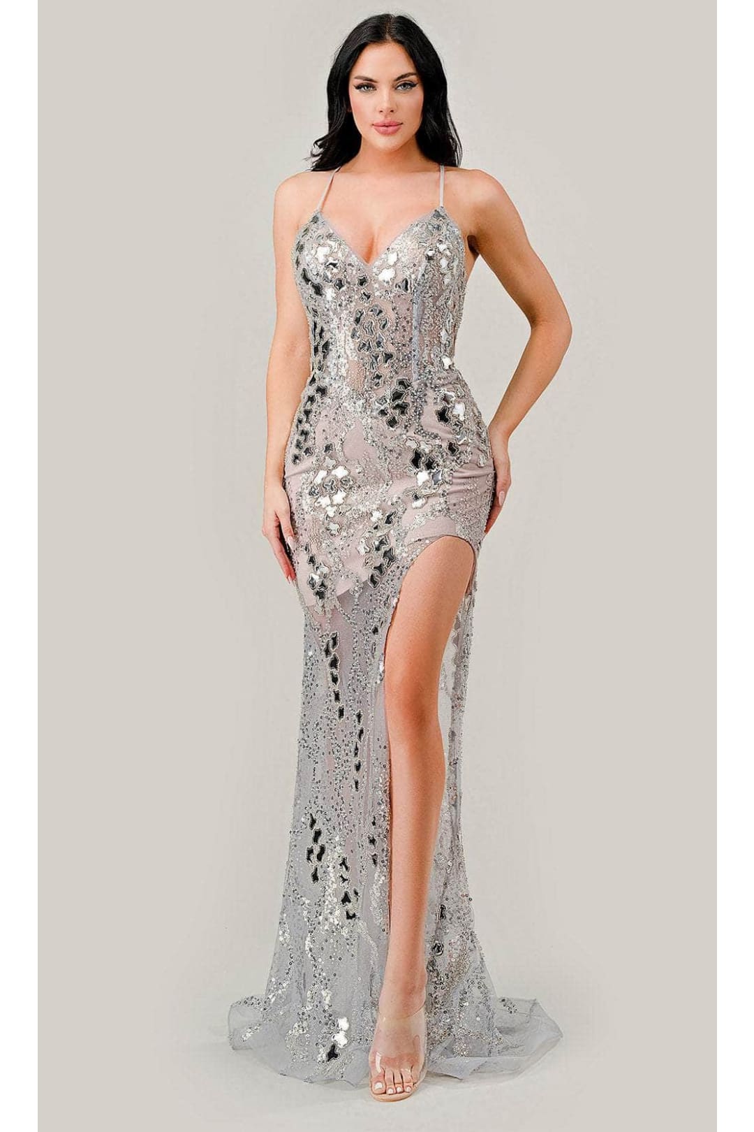 Ladivine CC2292 - Deep V-Neck Illusion Prom Gown - Silver-Nude / 6 - Prom