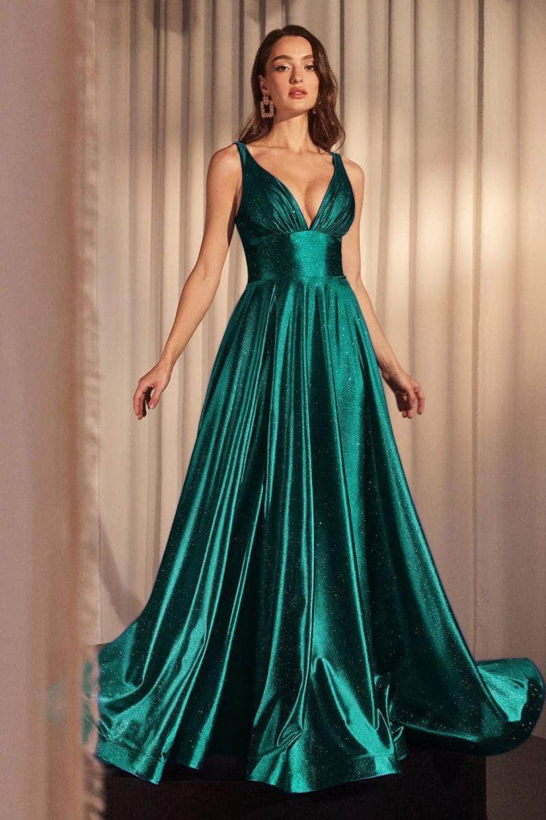Ladivine CC2349 - V-Neck Glitter Satin Prom Dress - Prom