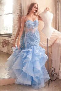 Ladivine CC8915 Rose Applique Fitted Mermaid Embellished Dress - LT BLUE / 2