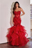 Ladivine CC8915 Rose Applique Fitted Mermaid Embellished Dress - RED / 2