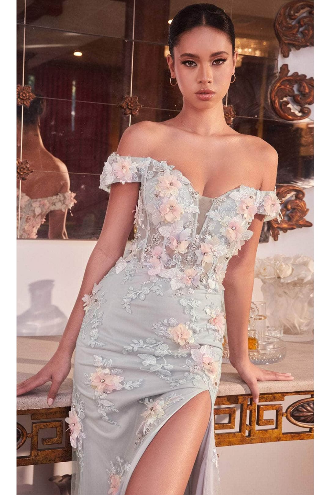 Ladivine CD005 - Corset Off-Shoulder 3D Floral Gown - Prom