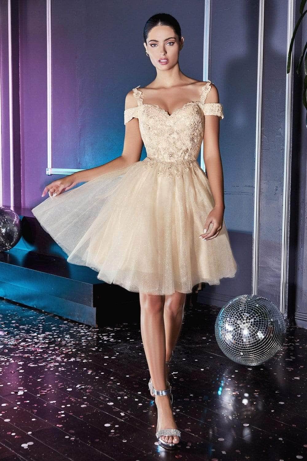 Ladivine CD0132 - Cold Shoulder Glitter Tulle Dress - Prom