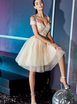 Ladivine CD0132 - Cold Shoulder Glitter Tulle Dress