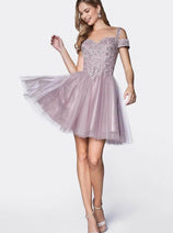 Ladivine CD0132 - Cold Shoulder Glitter Tulle Dress