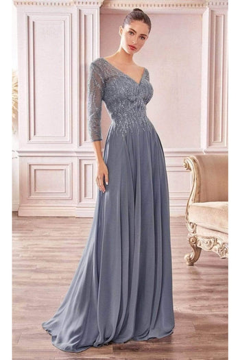 Ladivine CD0171 – Beaded Sheer Chiffon Evening Gown - Smoky Blue / 2X - Prom