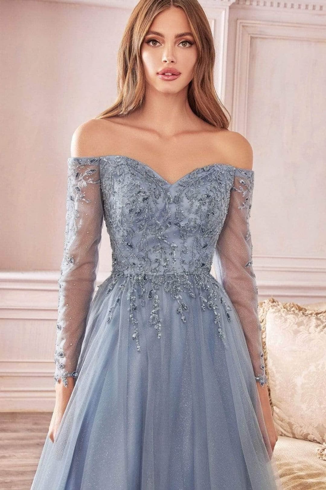 Ladivine CD0172 - Beaded Glitter Tulle A-Line Gown - Prom