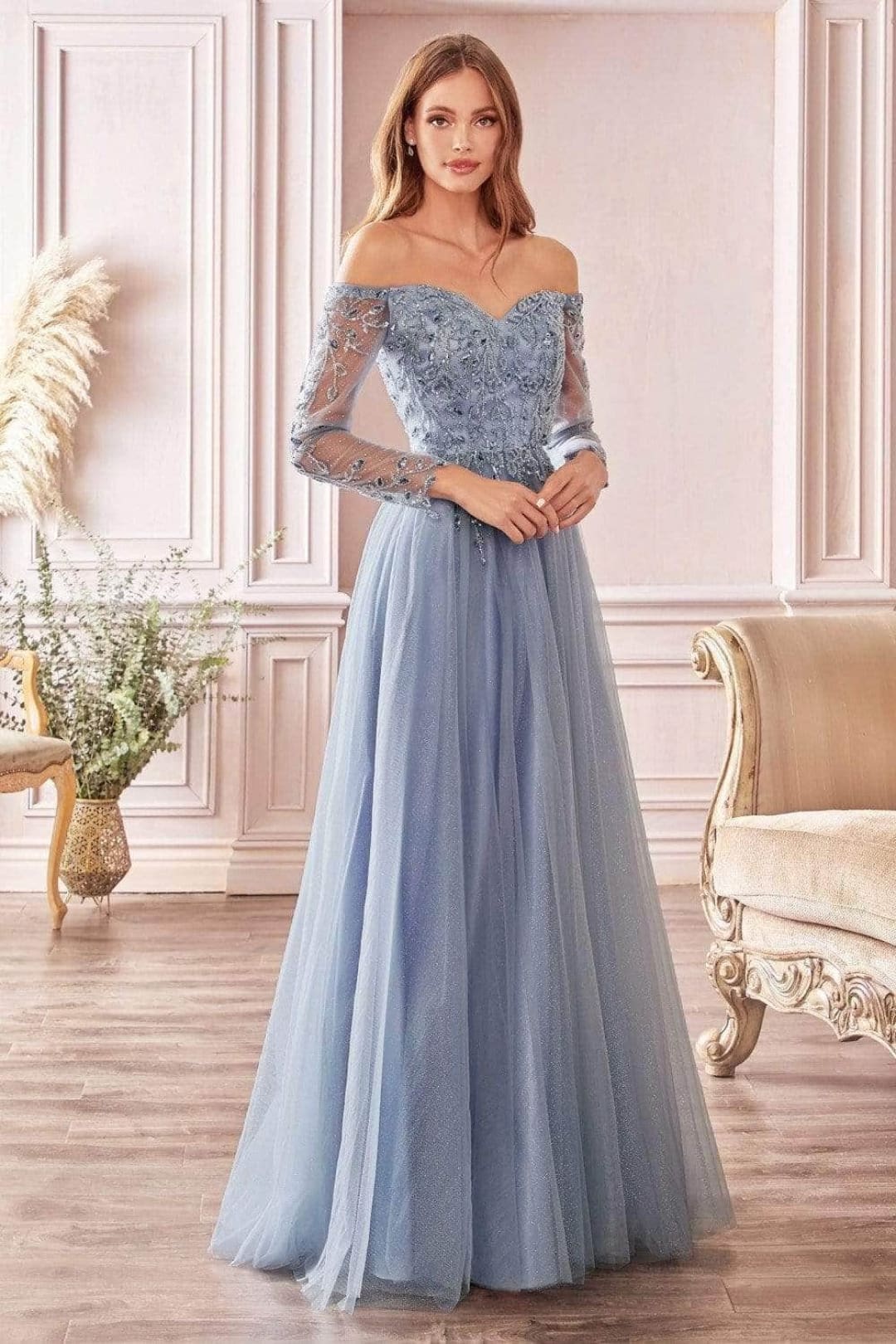 Ladivine CD0172 - Beaded Glitter Tulle A-Line Gown - Prom