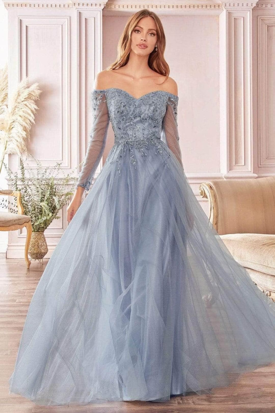Ladivine CD0172 - Beaded Glitter Tulle A-Line Gown - Prom
