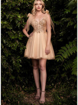 Ladivine CD0174 - Adorned Deep V-Neck A-Line Dress