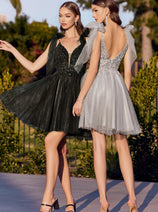Ladivine CD0174 - Adorned Deep V-Neck A-Line Dress