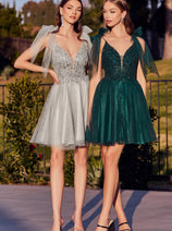 Ladivine CD0174 - Adorned Deep V-Neck A-Line Dress