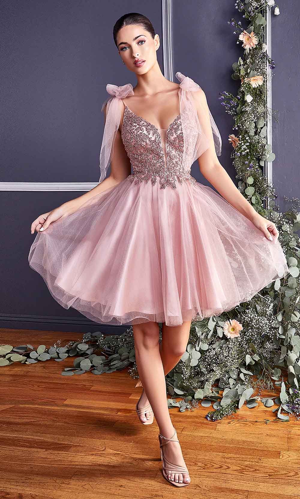 Ladivine CD0174 - Adorned Deep V-Neck A-Line Dress - Prom