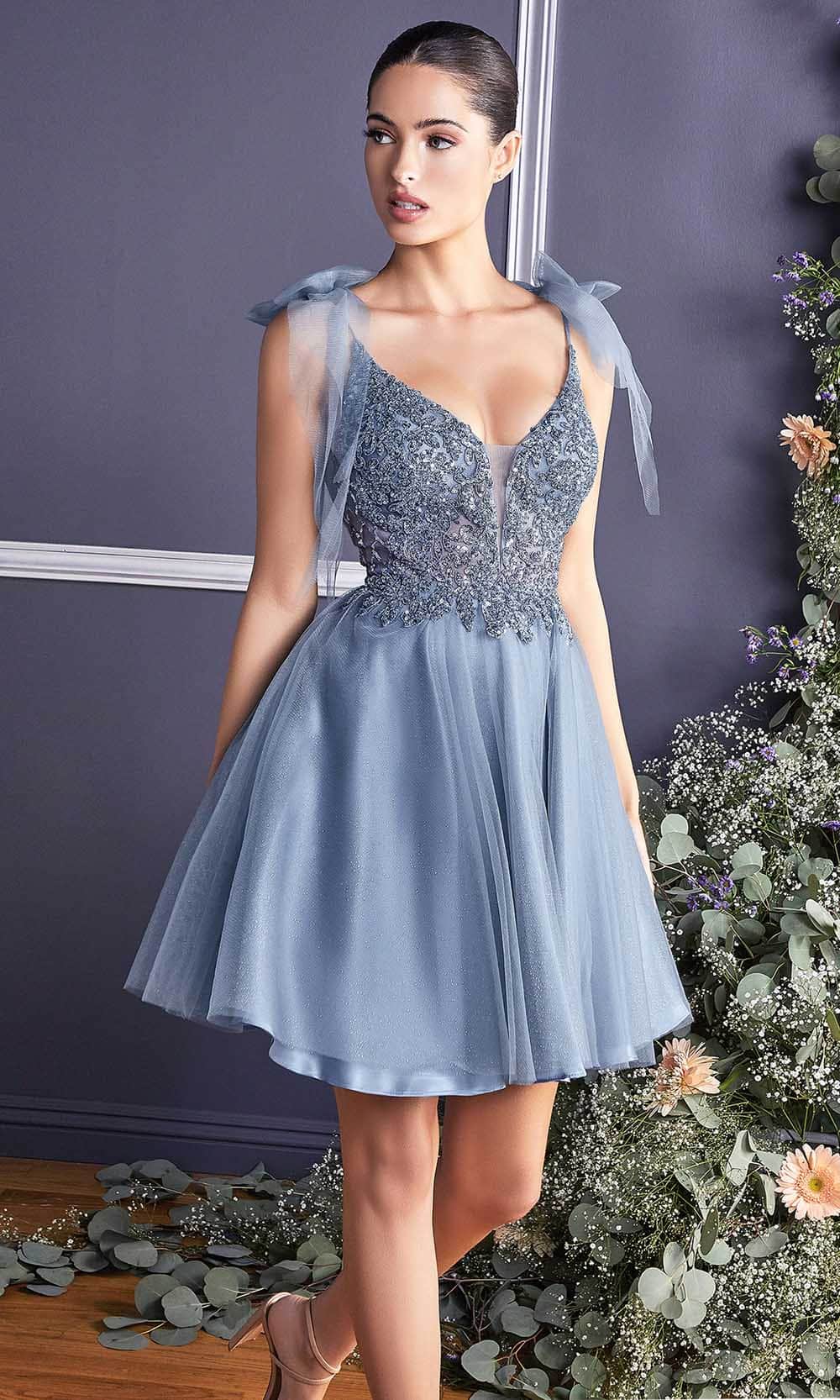Ladivine CD0174 - Adorned Deep V-Neck A-Line Dress - Smoky Blue / XXS - Prom