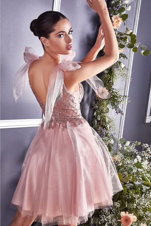 Ladivine CD0174 V-Neck Glitter Bow Knot Strap Short Hoco Dress - Dress