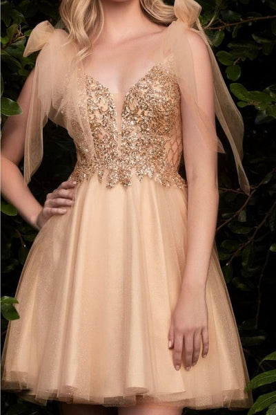 Ladivine CD0174 V-Neck Glitter Bow Knot Strap Short Hoco Dress - Dress