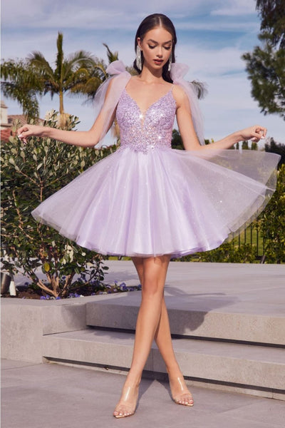 Ladivine CD0174 V-Neck Glitter Bow Knot Strap Short Hoco Dress - LAVENDER / XXS - Dress