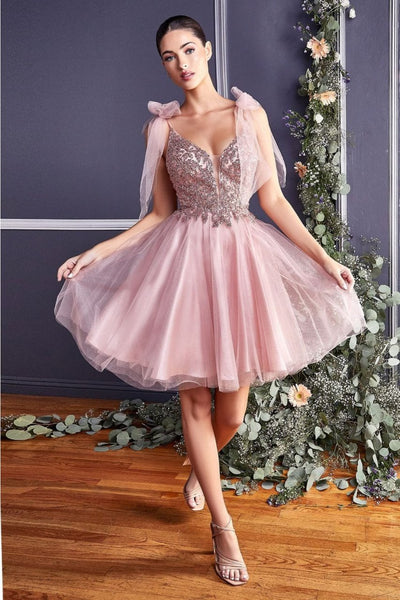 Ladivine CD0174 V-Neck Glitter Bow Knot Strap Short Hoco Dress - ROSE GOLD / XXS - Dress