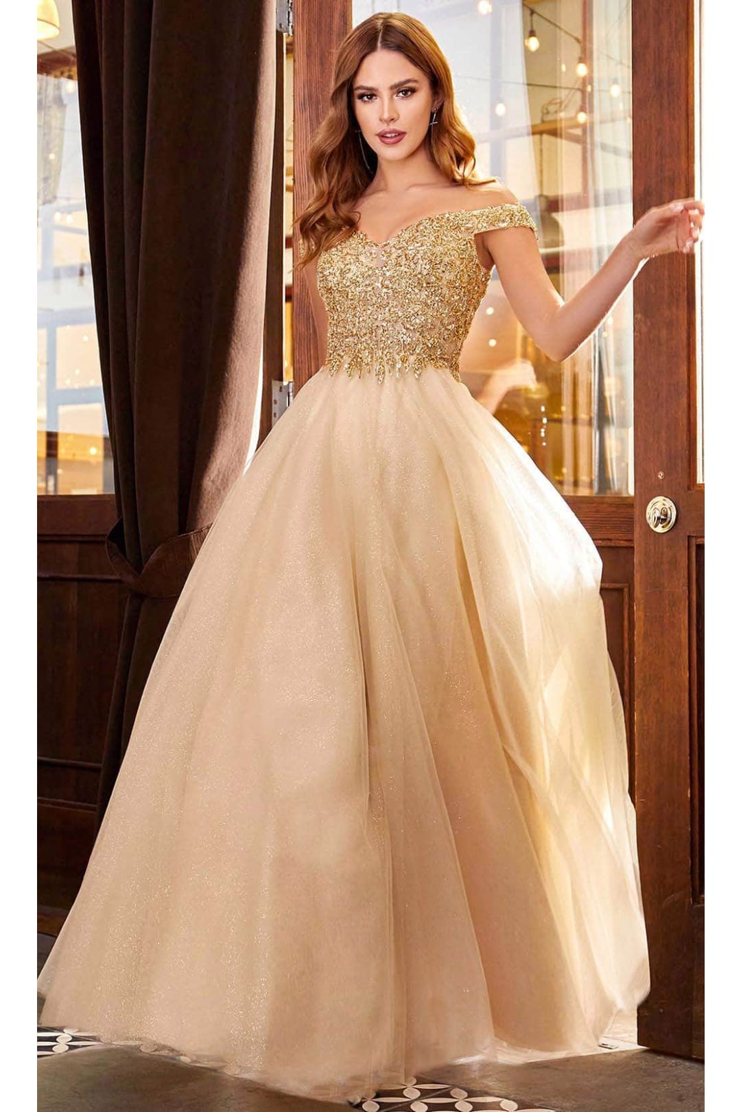 Ladivine CD0177 - Glittering A-Line Gown with Metallic Lace - Prom