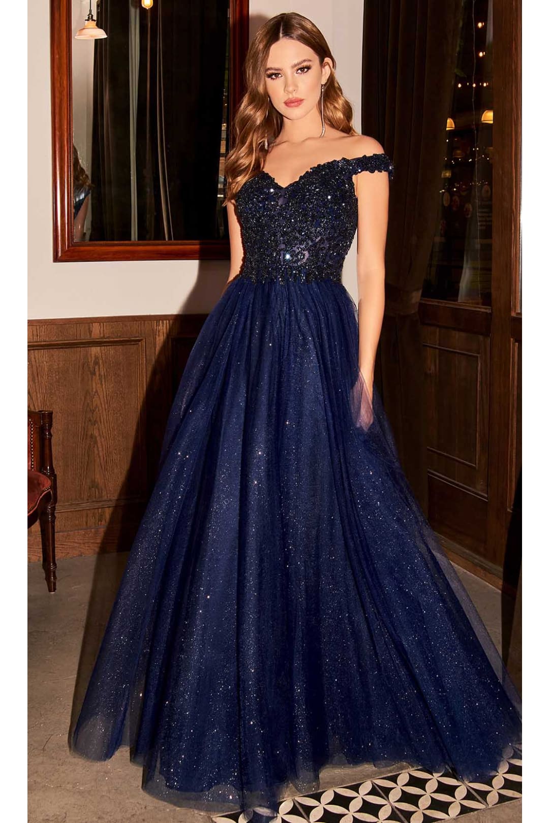 Ladivine CD0177 - Glittering A-Line Gown with Metallic Lace - Prom