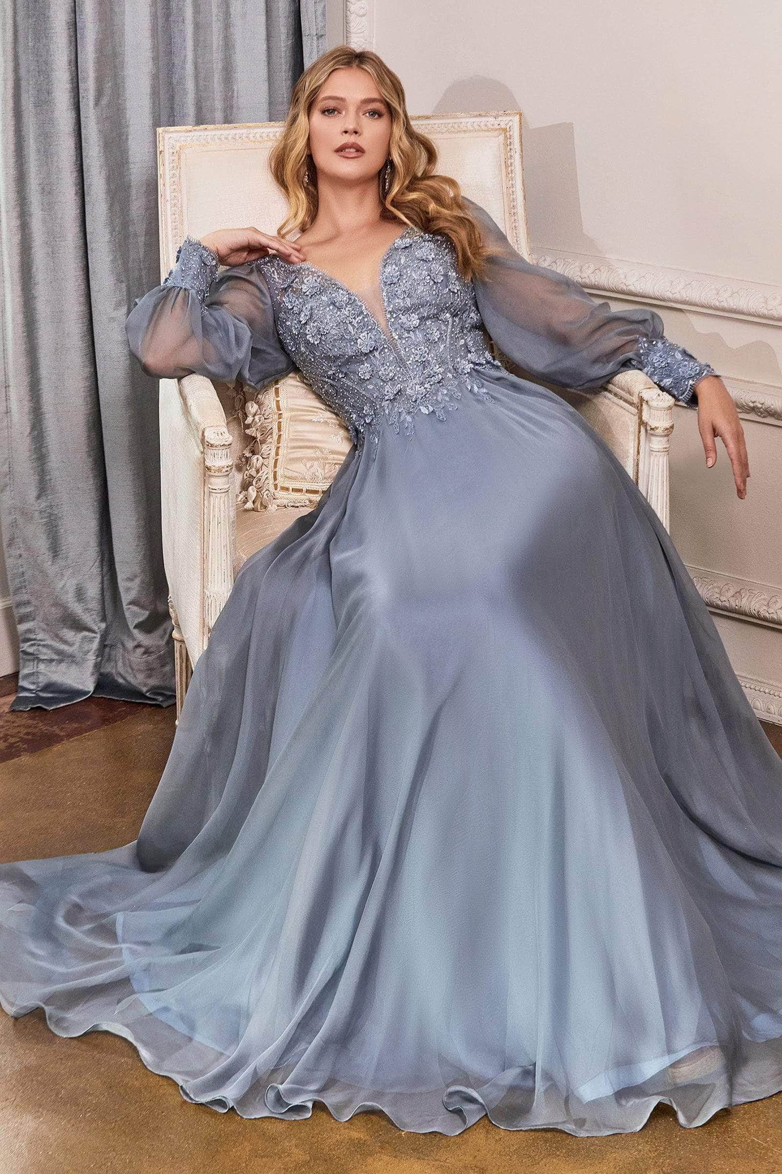 Ladivine CD0183 - Bishop Sleeve Chiffon Dress - Prom