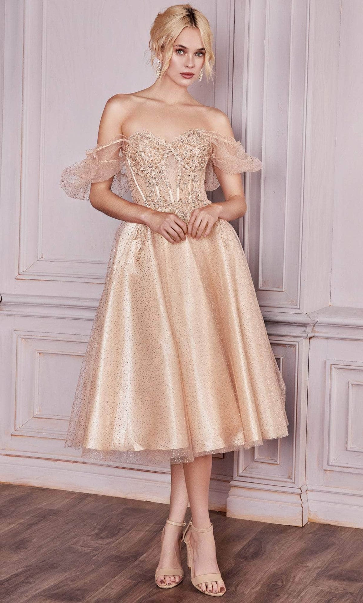 Ladivine CD0187 - Tea-Length Corset Cocktail Dress - Champagne / XS - Prom