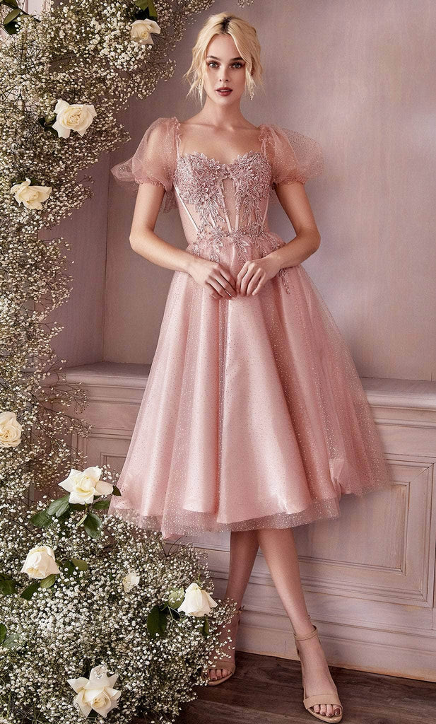 Ladivine CD0187 - Tea-Length Corset Cocktail Dress - Blush / XS - Prom