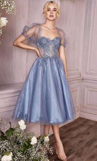 Ladivine CD0187 - Tea-Length Corset Cocktail Dress - Smoky Blue / XS - Prom