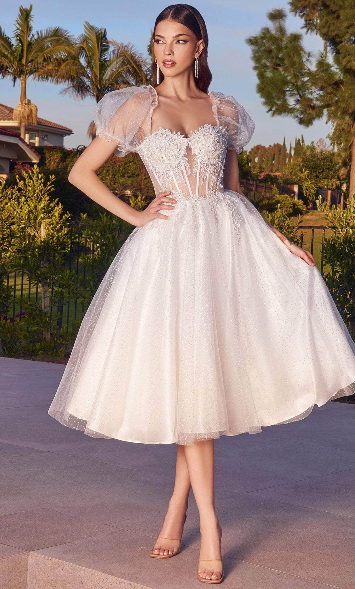 Ladivine CD0187W - Puff Sleeve Glitter A-Line Dress - Prom