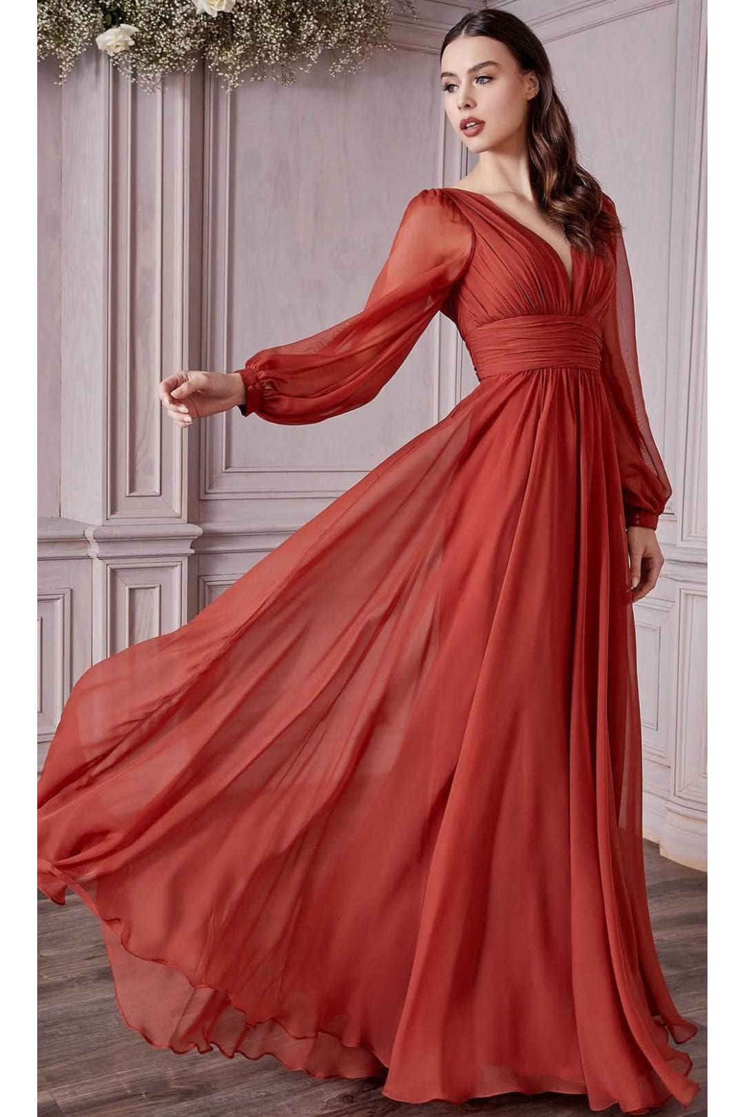 Ladivine CD0192 - Chiffon Dress with Bishop Sleeves - Prom