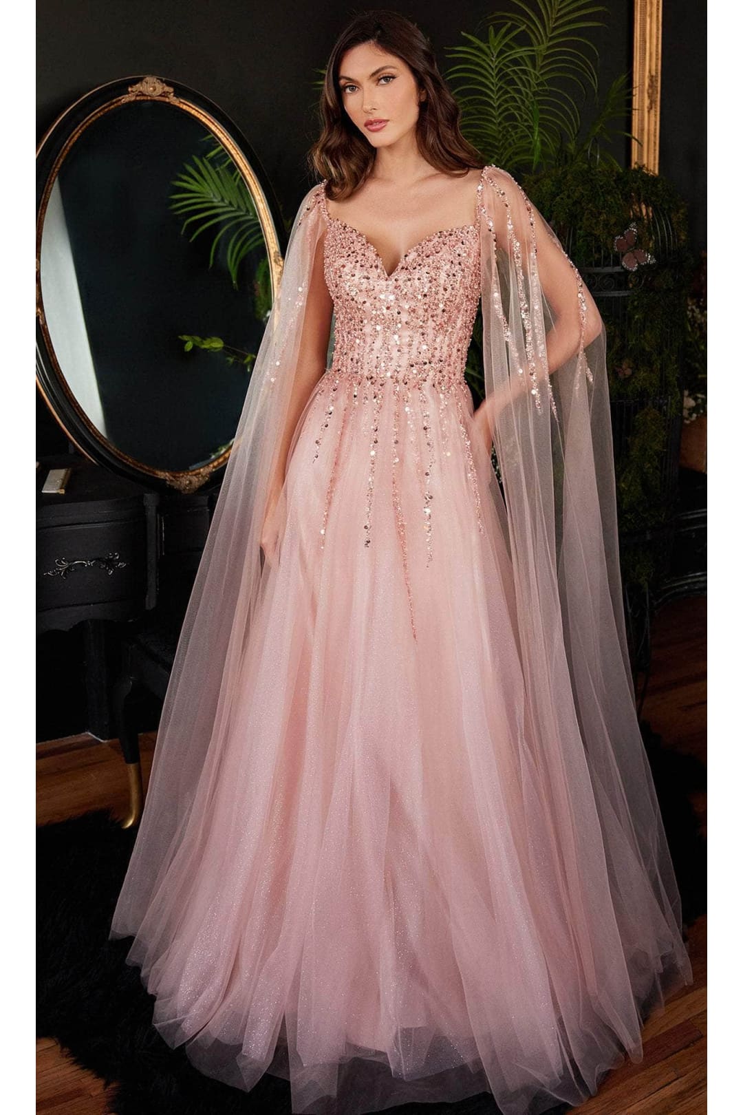 Ladivine CD0204 - Embellished Cape Sleeve Prom Dress - Prom